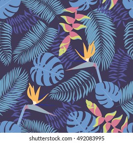 Seamless pattern with hand-drawn tropical leaves and flowers