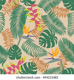 Seamless pattern with hand-drawn tropical leaves and flowers