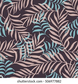 Seamless pattern with hand-drawn tropical leaves.