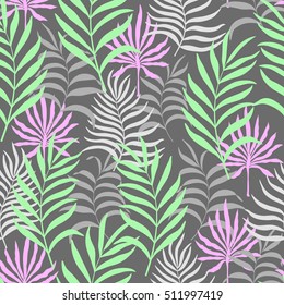 Seamless pattern with hand-drawn tropical leaves.