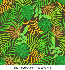 Seamless pattern with hand-drawn tropical leaves.