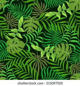 Seamless pattern with hand-drawn tropical leaves.
