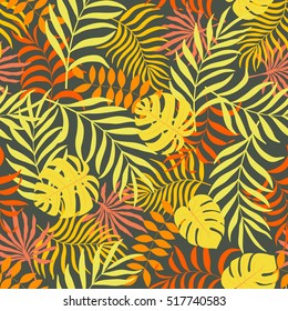 Seamless pattern with hand-drawn tropical leaves.