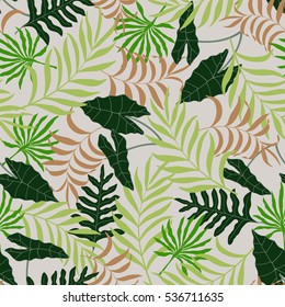 Seamless pattern with hand-drawn tropical leaves