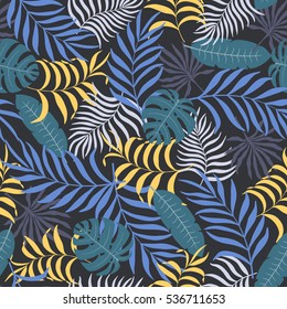 Seamless pattern with hand-drawn tropical leaves