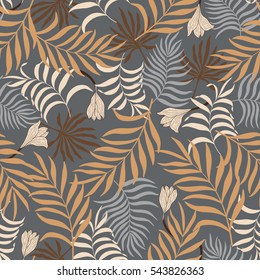 Seamless pattern with hand-drawn tropical leaves and flowers