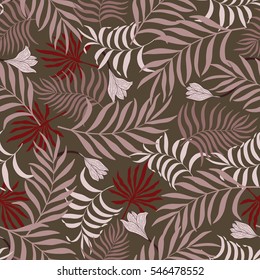 Seamless pattern with hand-drawn tropical leaves and flowers