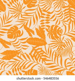 Seamless pattern with hand-drawn tropical leaves