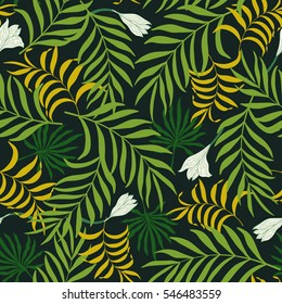 Seamless pattern with hand-drawn tropical leaves and flowers