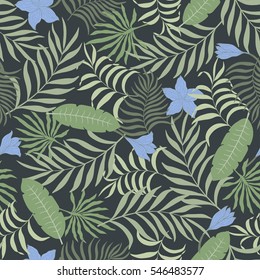 Seamless pattern with hand-drawn tropical leaves and flowers