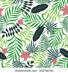 Seamless pattern with hand-drawn tropical leaves and flowers