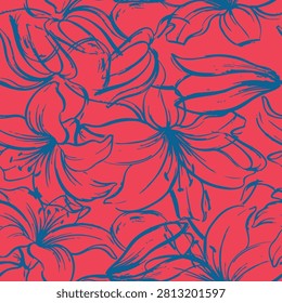 Seamless pattern with hand-drawn tropical lily flowers. Bright red and blue sketch floral background. Perfect for textile, print, or wallpaper.