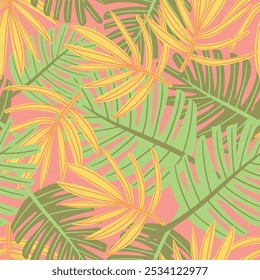 Seamless pattern with hand-drawn tropical plants in bright colors