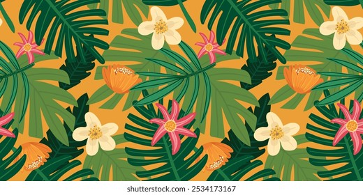 Seamless pattern with hand-drawn tropical plants in bright colors
