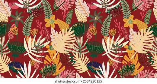 Seamless pattern with hand-drawn tropical plants in bright colors