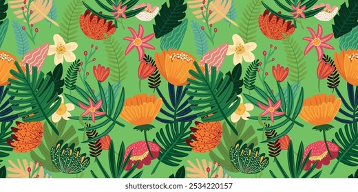 Seamless pattern with hand-drawn tropical plants in bright colors