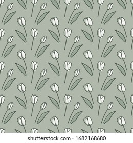Seamless pattern with hand-drawn tulips (flowers with stems and leaves)