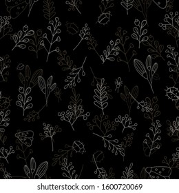 seamless pattern of hand-drawn twigs floral elements. dark background contours of lingonberry berries blueberries insect beetle moth butterfly rowan rowan grass. Vector stock illustration.