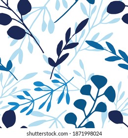 Seamless pattern of hand-drawn twigs with leaves in blue on white background.