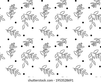 Patrón sin foco de ramas dibujadas a mano y puntos de polka. Patrón veraniego en colores blanco y negro. Adecuado para textiles, tejidos, papel de envoltura, invitaciones, etc.
