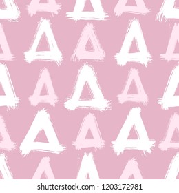 Seamless pattern with hand-drawn uneven triangles isolated on pale rose red background. Rough geometric shapes, pyramids vector backdrop. Ink doodle style abstract grunge texture.