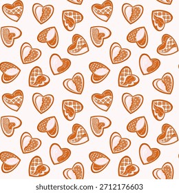 Patrón sin fisuras de corazones de jengibre de San Valentín dibujados a mano con delicados adornos decorativos y glaseados Diseño de Vector acogedor festivo para regalos románticos de vacaciones, empaques, papelería y decoración de temporada