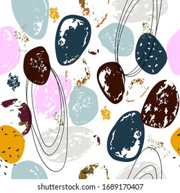 patrón transparente de varias formas ovaladas dibujadas a mano en diferentes colores y texturas de manchas acuarelas, salpicaduras de pintura, líneas negras de hilos. Ilustración vectorial moderna y abstracta