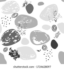 patrón transparente de varias formas ovaladas dibujadas a mano en gris y texturas de manchas acuarelas, salpicaduras de pintura, líneas negras de hilos. Resumen de la moderna ilustración vectorial de moda en blanco 