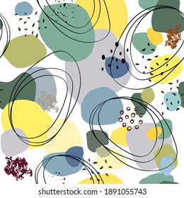 seamless pattern of hand-drawn various oval shapes in different colors and textures from watercolor spots, splashes of paint, black lines of threads. modern trendy vector illustration 