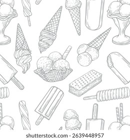 A seamless pattern with hand-drawn various types of ice cream in a vintage engraving style on a white background.