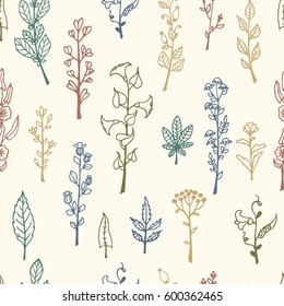 Seamless pattern with handdrawn vector doodle herbs and flowers