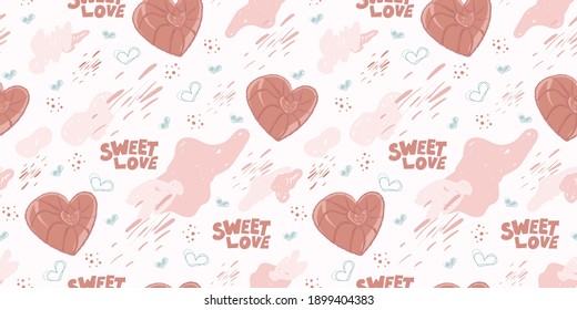 Seamless pattern, with hand-drawn vector elements: candys, hearts, abstract spots, lettering. Pattern for creating fabric, wrapping paper, wallpaper and more