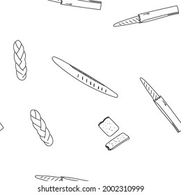 Seamless pattern hand-drawn vector illustration of French baguette, long loaf of bread. Good for backgrounds, textile design, wallpaper, wrapping paper. Bread makers and bakery concept. Cartoon doodle