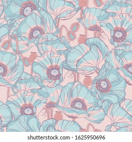 Seamless pattern. Hand-drawn vector image of poppy flowers. Spring print. Textile print. EPS-10