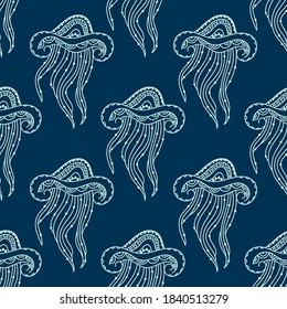 Seamless pattern with Hand-drawn vector jellyfish with ornament. White on blue. Background for fabric and other surfaces