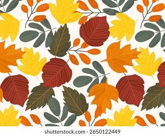 Seamless pattern with hand-drawn vector leaves in autumn colors. Includes red, yellow, orange, green, brown tones. Flat texture. Ideal for fabric, wrapping paper, fall decor, cards, and packaging.