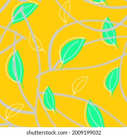 Seamless pattern with handdrawn vector leaves,modern ornament,bright illustration for wrapping paper,fabric and textile,abstract botanical motif for decoration on orange background,spring mood print
