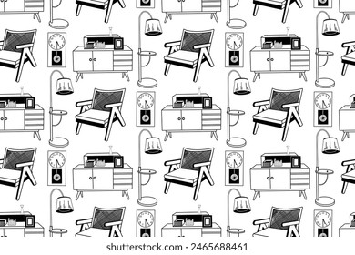 Seamless pattern hand-drawn in vector on the theme of interior design, armchair, floor lamp, chest of drawers, wall clock. Drawn in vector in black. For printing on paper and fabric, interior design.