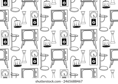 Seamless pattern hand-drawn in vector on the theme of interior design, furniture, TV, floor lamp, wall clock, vase. Drawn in vector in black. For printing on paper, fabric, interior sketches.