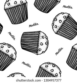 seamless pattern of hand-drawn vector sketches of desserts: muffin. Ideal for menu design, package design, confectionery, bakery decor.