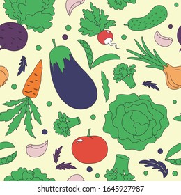 seamless pattern of hand-drawn vegetables, color vector illustration. eggplant and broccoli, tomato and cucumber, carrots and others. background with food, backdrop.