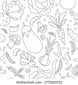 seamless pattern with hand-drawn vegetables, vector illustration. black outlines on a white background, backdrop for coloring book.