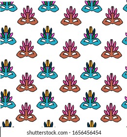 Seamless pattern of hand-drawn Venetian Doodle masks.  Mardi Gras festival, masquerade. Isolated on a white background. For a design element.