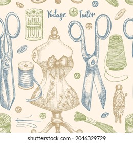 Seamless pattern with hand-drawn vintage sew tools. Scissors, buttons, threads, needles, pins, spools, mannequin. Sketch engraving style Retro digital paper, old fabric design Vector illustration