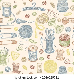 Seamless pattern with hand-drawn vintage sewing tools. Sew machine, needle, scissors, mannequin, buttons. Sketch engraving style. Retro digital paper, old fabric design Vector illustration