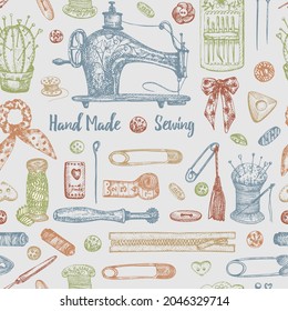 Seamless Pattern With Hand-drawn Vintage Sews Tools Scissors, Button, Thread, Needle, Pin, Spool, Sewing Machine, Lace Sketch Engraving Style Retro Digital Paper, Old Fabric Design Vector Illustration