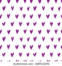 Seamless pattern with hand-drawn Violet hearts. Vector illustration in sketch style. Valentine's Day background. For fabric, wraps, textiles, Wallpaper, clothing.