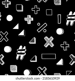 Seamless pattern of hand-drawn volumetric mathematical symbols on a black square background. Used for printing on paper, fabric, packaging, wallpaper, wall art. Eps10.