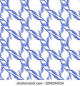 Patrón sin foco con ramas azul acuarela dibujadas a mano con hojas sobre blanco. Concepto de ilustración orgánica, natural, de frescura para textiles, impresión, etc.