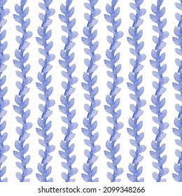 Seamless pattern with hand-drawn watercolor blue branches with leaves on white. Summer, spring season. Organic, natural, freshness concept for textile, print, etc.
